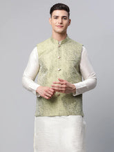 Men's Pista Green Printed textured Nehru Jacket( JOWC 4039 Pista )