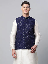Men's Navy Mirror Work Embroidered Nehru Jacket( JOWC 4040 Navy )