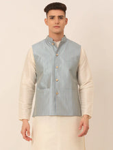Men Blue & Golden Embroidered Nehru Jackets ( JOWC 4043 Blue )