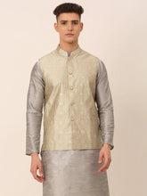 Men Beige & Golden Woven Design Nehru Jackets-JOWC_4045Beige ( JOWC 4045 Beige )