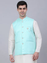 Men's Sky Blue Woven Design Waistcoats ( JOWC 4066Sky )-JOWC-4066