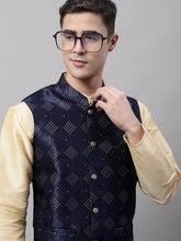 Men Navy Blue Woven Design Waistcoats-JOWC-4071