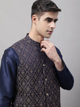 Men Navy Blue and Brown Woven Design Waistcoats-JOWC-4072