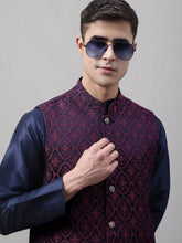 Men Navy Blue and Maroon Woven Design Waistcoats-JOWC-4072