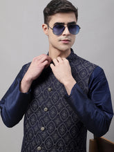 Men Navy Blue and Silver Woven Design Waistcoats-JOWC-4072