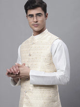 Men Yellow and White Woven Design Nehru Jacket-JOWC-4073