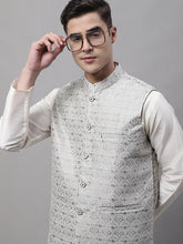 Men Grey and White Woven Design Waistcoats-JOWC-4073