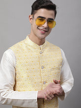 Men Yellow and White Woven Design Waistcoats-JOWC-4073
