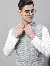 Men Grey and White Embroidered Waistcoats-JOWC-4074