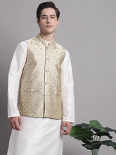 Men's Cream Woven Design Nehru Jacket-JOWC-4078