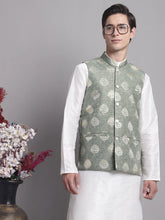 Men's Green and Golden Printed Nehru Jacket
