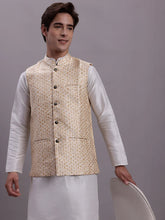 Men's Cream Woven Design Nehru Jacket With Solid Kurta Pyjama -AD