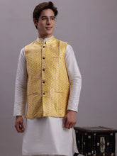 Men's Golden Woven Design Nehru Jacket With Solid Kurta Pyjama-JOWC 4081