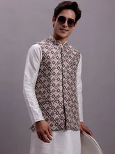 Men's Purple Woven Design Nehru Jacket With Solid Kurta Pyjama-JOWC