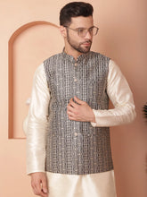 Men's Woven Design Nehru Jacket-JOWC-4098Black