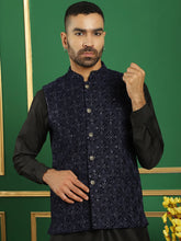 Men's Sequins Velvet Nehru Jacket-JOWC-4099Navy
