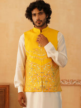 Embroidered Silk Blend Nehru Jacket-JOWC-4107Yellow