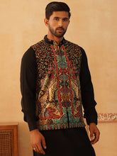 Printed Velvet Nehru Jacket-JOWC-4108Black