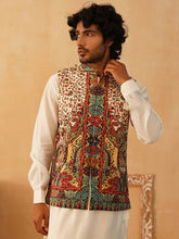 Printed Velvet Nehru Jacket-JOWC-4108Cream