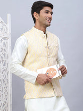Embossed Silk Blend Nehru Jacket-JOWC-4112Golden
