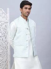 Embossed Silk Blend Nehru Jacket-JOWC-4112Sky