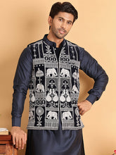 Navy Blue Embroidered Velvet Nehru Jacket for Men ( JOWC 4119Navy )
