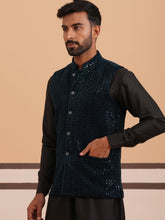 Men Velvet Sequin Work Nehru Jacket ( JOWC 4144 Navy)