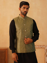 Embroidered With Sequin Silk Blend Nehru Jacket-JOWC-4105Olive