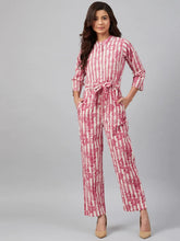 DesiQlo Women Off-White & Pink Striped Mandarin Collar Basic Jumpsuit ( JUP 8009 Red )