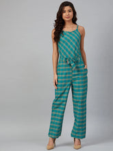 Women Green & Beige Checked Basic Jumpsuit