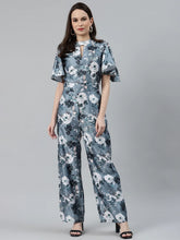 DesiQlo Women Grey & Off-White Printed Keyhole Neck Flared Sleeves Basic Jumpsuit ( JUP 8014 Grey )