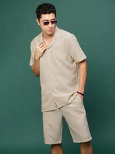 Men Beige Cuban Collar Solid Co Ords Set-Judah-3228-Beige
