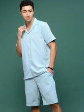 Men Blue Cuban Collar Solid Co Ords Set-Judah-3229-Blue