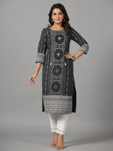 Juniper Black Ethnic Motif Printed Rayon Slub Kurta With Beads & Sequins Work