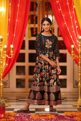 Juniper Black Floral Printed Dull Satin Maxi Dress Beads Work