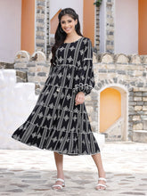 Juniper Black Geometric Printed Rayon Tiered Midi Dress