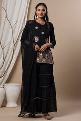 Juniper Black Georgette Festive Wear Embroidered Straight Kurta Palazzo Dupatta Set