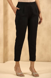 Juniper Black Rayon Flex Solid Slim Fit Pants With Partially Elasticated Waistband