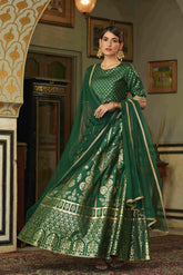 Juniper Green & Gold Ethnic Motif Printed Shantoon Slub Lehenga Choli & Net Dupatta Set.