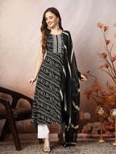 Women's Black Bandhani Printed & Embroidered Rayon A-Line Kurta Dupatta Set-KDBLACKBANGO