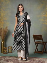 Women's Black Printed & Embroidered Rayon A-Line Kurta Dupatta Set-KDBLACKMOKO