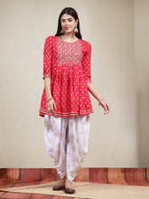 Women's Printed & Embroidered Rayon Kurti with Dhoti Pant-KDPINKMAHI