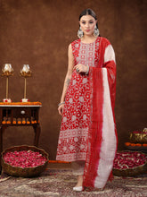 Women's Red Printed & Embroidered Rayon A-Line Kurta Dupatta Set-KDREDBULL