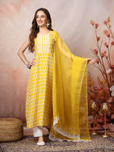 Women's Yellow Printed & Embroidered Rayon A-Line Kurta Dupatta Set-KDYELLOWSURJI