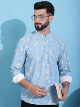 Men Printed Corduroy Short Kurta-KO-5050Blue