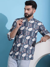 Men Printed Corduroy Short Kurta-KO-5050Grey