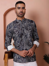Men Printed Corduroy Short Kurta-KO-5050Navy