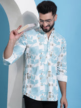 Men Printed Corduroy Short Kurta-KO-5050Sky