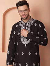 Men's Black Chikankari Embroidered Kurtas-KO-5051Black