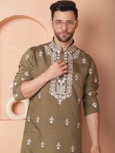 Men's Olive Chikankari Embroidered Kurtas-KO-5051Olive